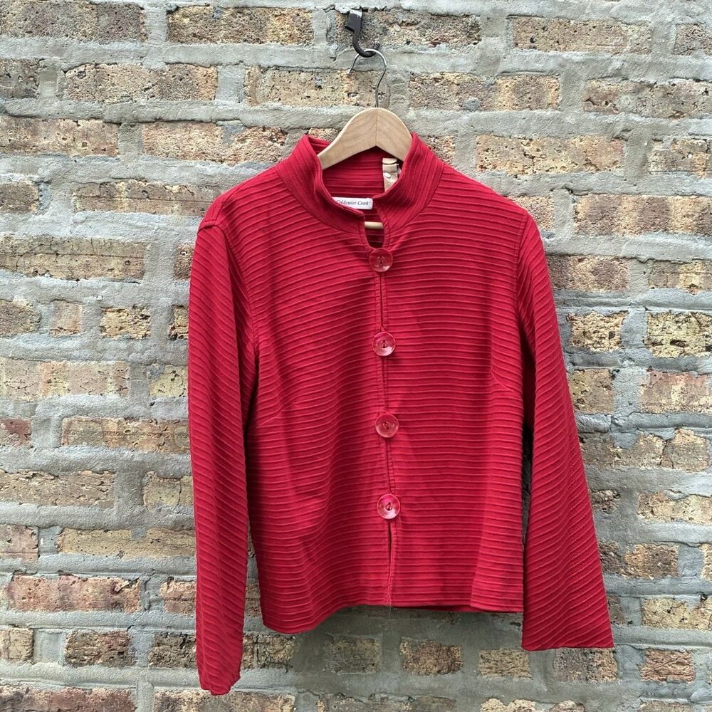 Coldwater Creek Womens Red Ribbed Knit Button-Front Mock Neck Lined Cardigan